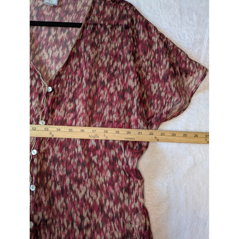 Converse One Star Women Medium Burgundy Abstract Ikat Sheer Chiffon Blouse Top - Picture 6 of 8